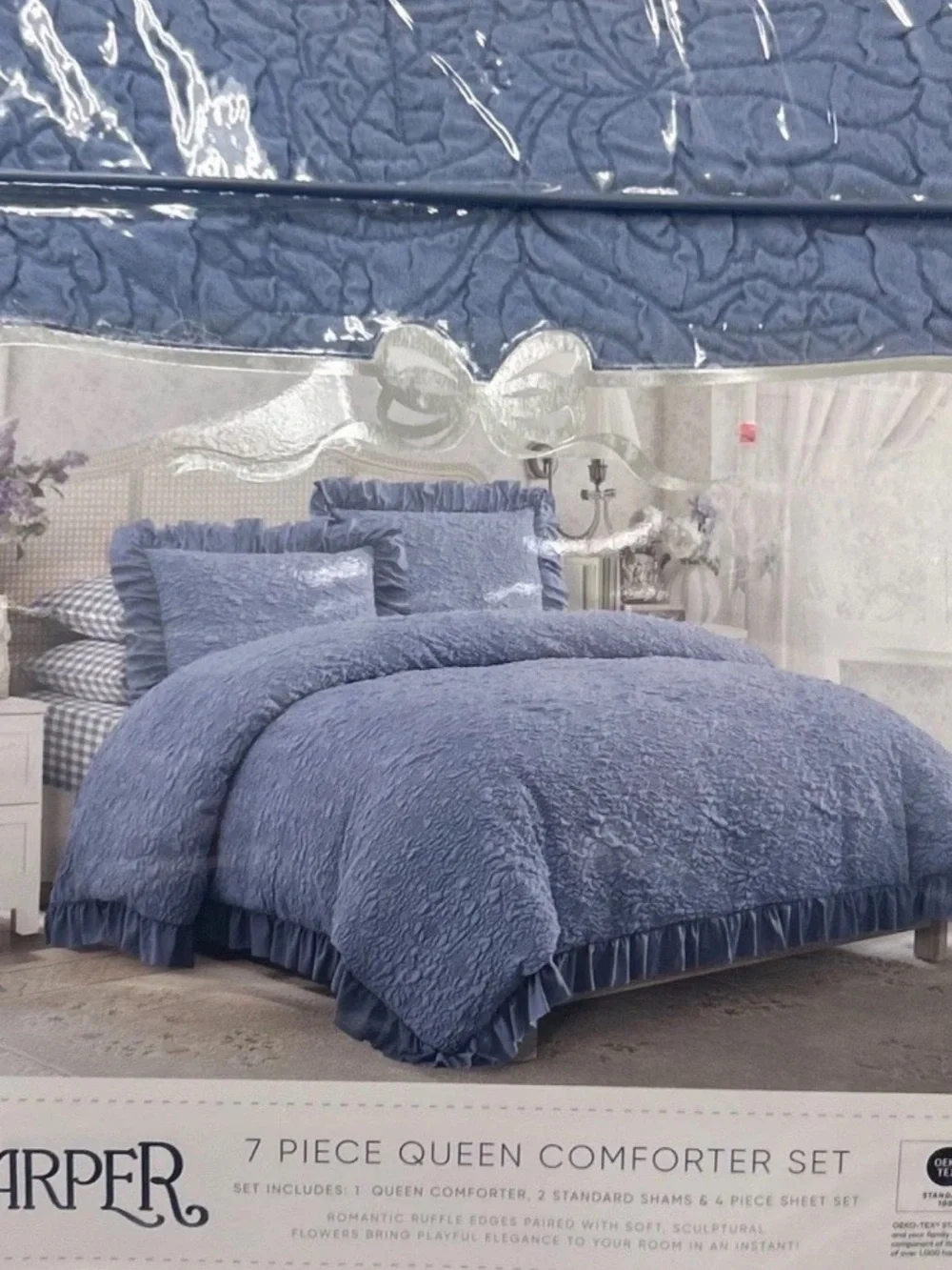 Harper Blue Queen 7 Piece Floral Comforter Set with Ruffled Trim 90”x90”